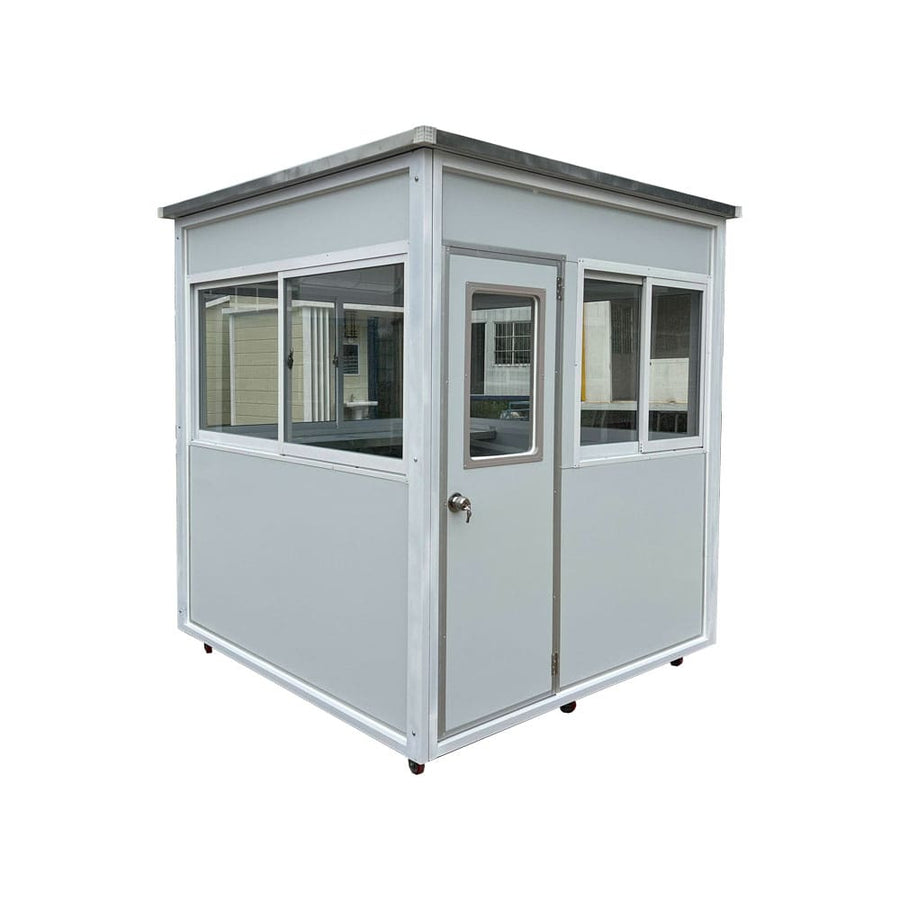 6.5x6.5 ft light gray guard booth with ac – 6.5x6.5 ft model 1 exterior view | portable security booth with AC and heating | professional guard shack for outdoor access control